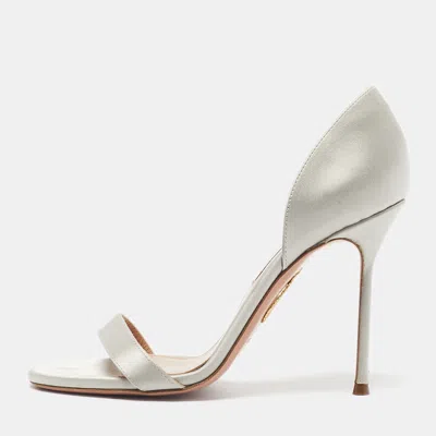 Pre-owned Aquazzura Uptown Size 37 Grey Satin Slide Sandals In Gray