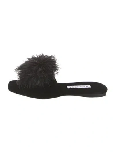 Pre-owned Aquazzura Velvet Feather Trim Slides In Black