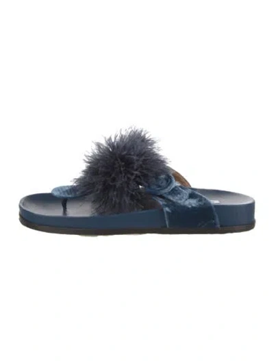 Pre-owned Aquazzura Velvet Feather Trim Slides In Blue