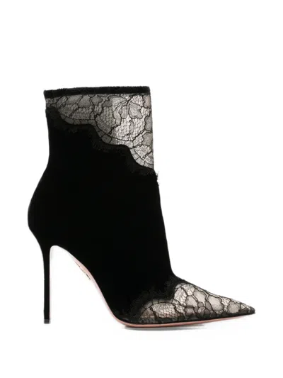 Aquazzura Velvet Meadow Bootie 105 Lace-trimmed Velvet Ankle Boots In Black