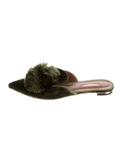 Pre-owned Aquazzura Velvet Pom-pom Embellishments Mules In Green