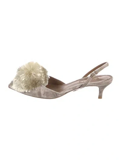 Pre-owned Aquazzura Velvet Pom-pom Embellishments Slingback Pumps In Neutral