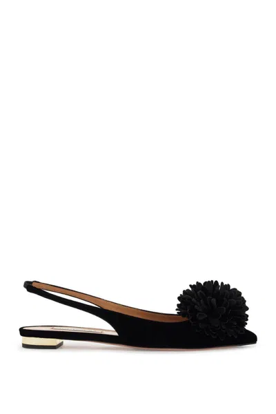 Aquazzura Couturier Velvet Pom Slingback Ballerina Flats In Black