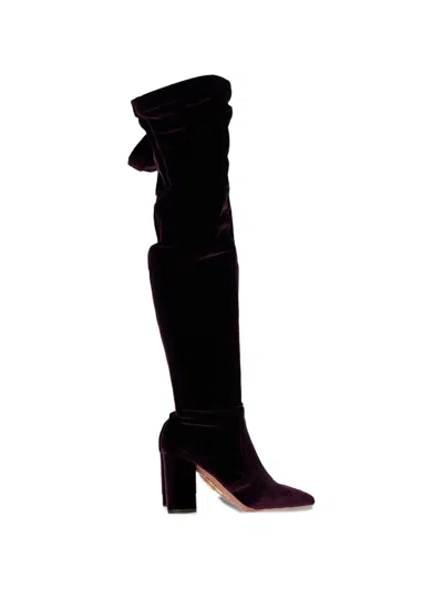 Pre-owned Aquazzura Velvet-texture Knee Boots In Purple