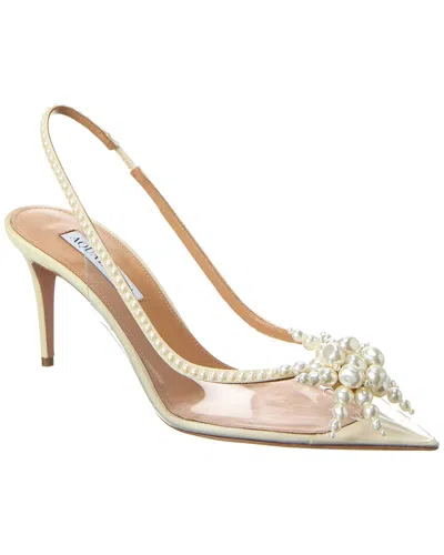 Aquazzura Vendome Faux Pearl-embellished Grosgrain-trimmed Pvc Slingback Pumps In Beige