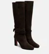 Aquazzura Very Bow 85 Suede Knee-high Boots In Brown