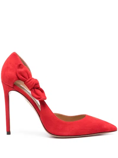 Aquazzura Bow Detail Suede Pointed Toe Pumps In Red