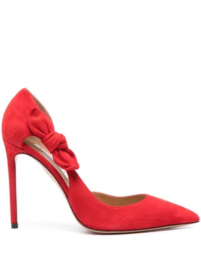 Aquazzura Very Bow Tie 105 Suede Point-toe Pumps In Red