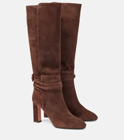 Aquazzura Very Bow Tie 85 Suede Knee-high Boots In Brown
