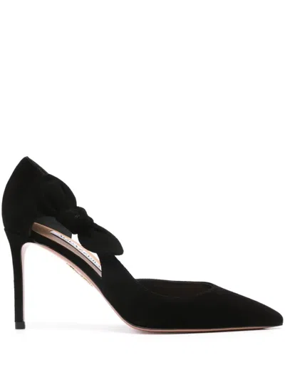 Aquazzura Navy Blue Velvet Very Bow Tie Pumps In Black