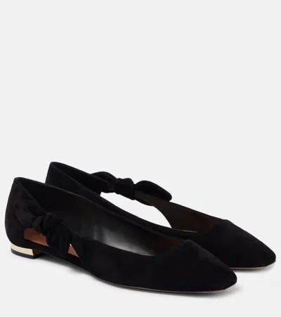 Aquazzura Very Bow Tie Suede Ballet Flats In Black