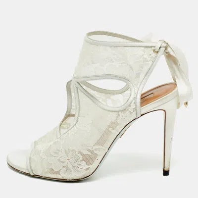 Pre-owned Aquazzura White Lace And Satin Sexy Thing Bridal Cut Out Ankle Wrap Sandals Size 40.5