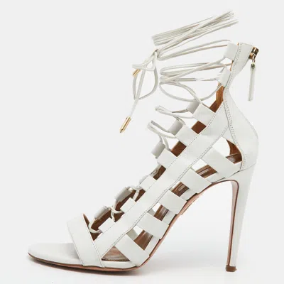 Pre-owned Aquazzura White Leather Amazon Lace-up Sandals Size 37.5