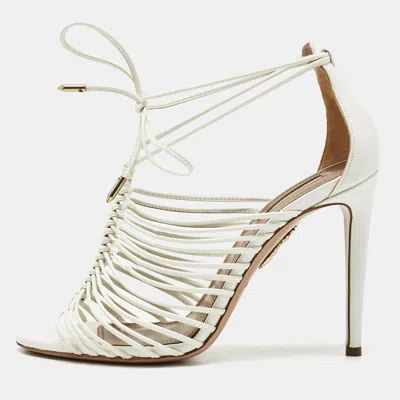 Pre-owned Aquazzura White Leather Nadja Strappy Ankle Wrap Sandals Size 37.5