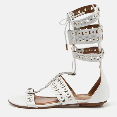 Aquazzura White Studded Leather Strappy Gladiator Flat Sandals