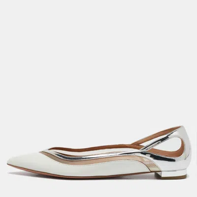 Pre-owned Aquazzura White/silver Leather Cinemax Ballet Flats Size 38