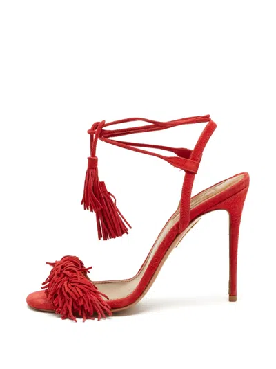 Pre-owned Aquazzura Wild Thing Fringed Heeled Sandals In Red