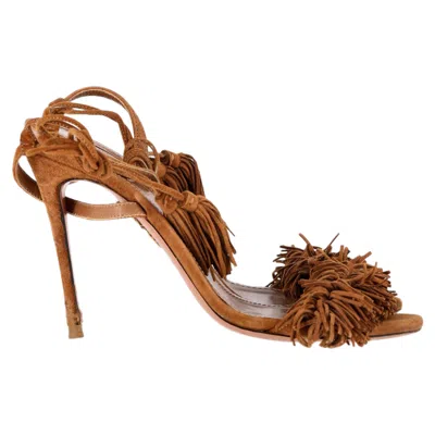 Aquazzura Wild Thing Fringed Sandal Heels In Brown Suede