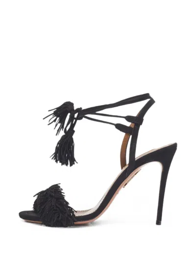 Pre-owned Aquazzura Wild Thing Fringed-trim Heeled Sandals In Black