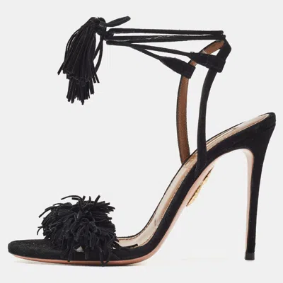Pre-owned Aquazzura Wild Thing Size 35.5 Black Suede Slingback Ankle Tie Sandals