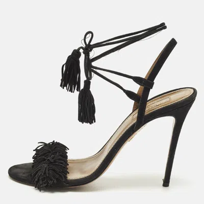 Pre-owned Aquazzura Wild Thing Size 38.5 Black Suede Ankle Strap Sandals