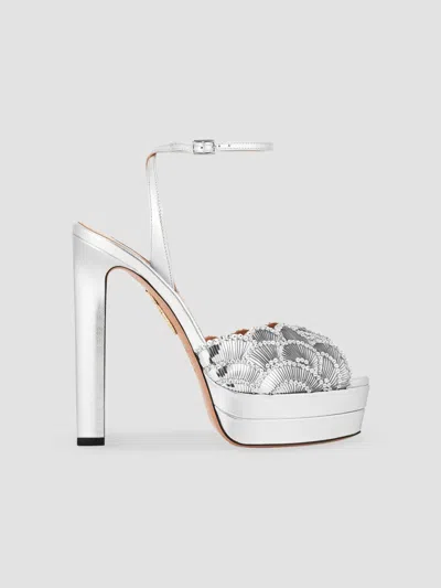 Aquazzura Women's Ce Soir 130mm Sequin-embellished Leather Platform Sandals In Silver