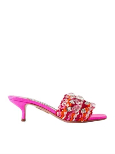 Aquazzura Crystal Cote Embellished Crocheted Cotton Mules In Pink