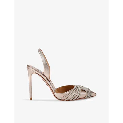 Aquazzura Womens Gold Gatsby Crystal-embellished Canvas Heeled Courts In Metallic