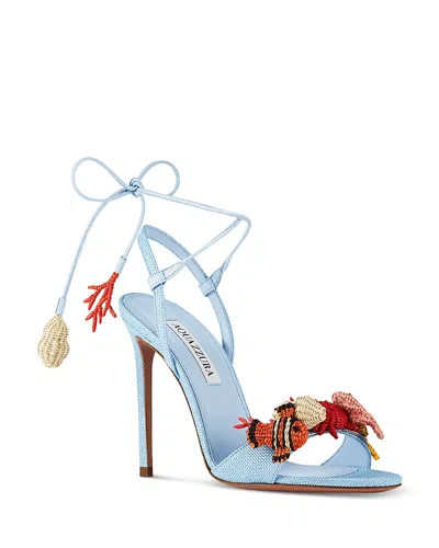 Aquazzura Marea 105 Leather-trimmed Embellished Raffia Sandals In Baby Blue