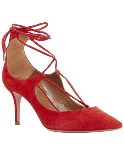 Pre-owned Aquazzura Women's Suede Christy 75 Red Suede Leather Lace Up Mid Pump  (authentic Pre-loved)