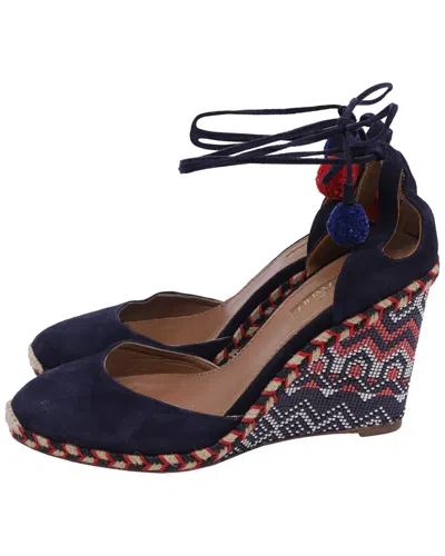 Pre-owned Aquazzura Women's Suede Pom-pom Embellishments Espadrille Wedge (authentic  Pre-loved)