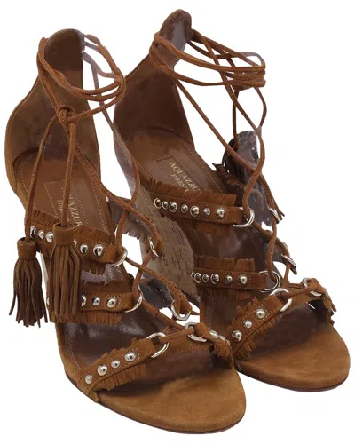 Pre-owned Aquazzura Women's Suede Tassel Accents Wedge Sandal (authentic Pre-loved) In Brown