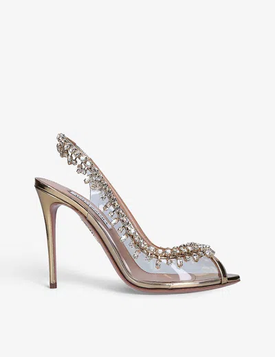 Aquazzura Womens Gold Temptation Crystal-embellished Leather And Pvc Heeled Sandals Eur 40 / 7 Uk