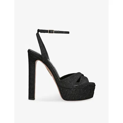 Aquazzura Divine Plateau 130 Metallic Woven Platform Sandals In Black