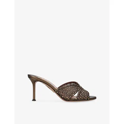 Aquazzura Womens Dark Brown Crystal Lover 75 Heeled Woven Mules Eur 37.5 / 4.5 Uk
