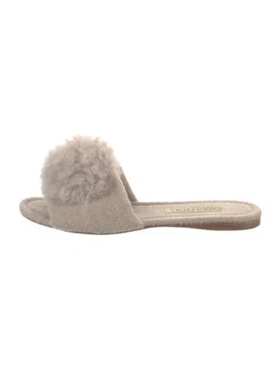 Pre-owned Aquazzura Wool Pom-pom Embellishments Slides In Neutral
