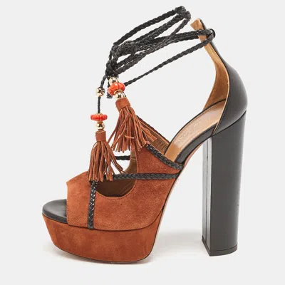 Aquazzura X Poppy Delevingne Brown Leather And Suede Ankle Wrap Platform Sandals