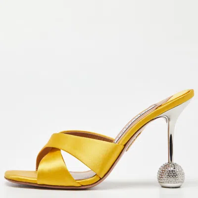 Pre-owned Aquazzura Yellow Satin Yes Darling Slide Sandals Size 37