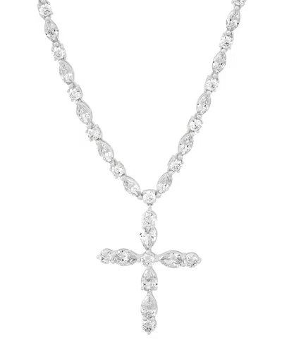 Arabella Cubic Zirconia Mixed Cut Cross 18" Pendant Necklace In Sterling Silver