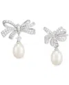 Arabella Cultured Freshwater Oval Pearl (11 X 9mm) & Cubic Zirconia Bow Drop Earrings In Sterling Silver In Silver