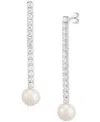 Arabella Cultured Freshwater Pearl (10mm) & Cubic Zirconia Linear Drop Earrings In Sterling Silver In Silver