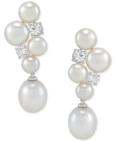 Arabella Freshwater Pearl (5-1/2-9-1/2mm) & Cubic Zirconia Cluster Drop Earrings In Sterling Silver