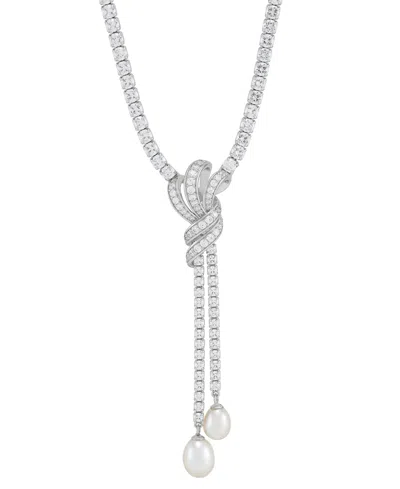 Arabella Freshwater Pearl (9x7mm & 8x6mm) Cubic Zirconia Knotted 17" Lariat Necklace In Sterling Silver