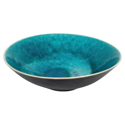 Pre-owned Arabia Friedl Holzer-kjellberg Bowl Stoneware  Finland 1950s Turquoise Crackle In Blue