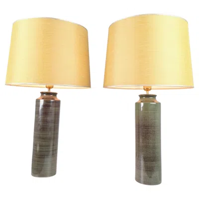 Pre-owned Arabia Gunvor Olin-grönqvist Sizable Pair Of Green Ceramic Table Lamps,  1960s