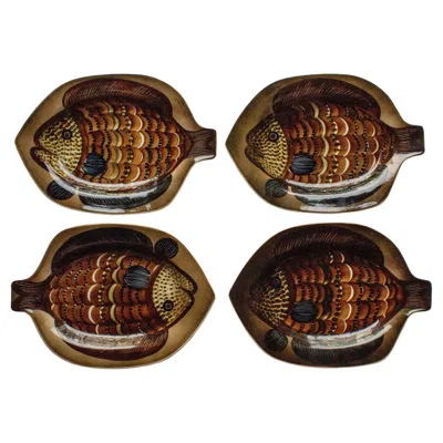 Pre-owned Arabia Of Finland Four Hand-painted Wall Plates By Gunvor Olin-grönqvist For Arabia Atelier In Brown