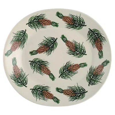 Pre-owned Arabia Oval  Dish In Glazed Stoneware With Hand-painted Fir Cones, Finnish Design In Gray