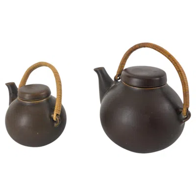 Pre-owned Arabia , Pair Of Scandinavian Modern Stoneware Teapots With Woven Rattan Handles In Black
