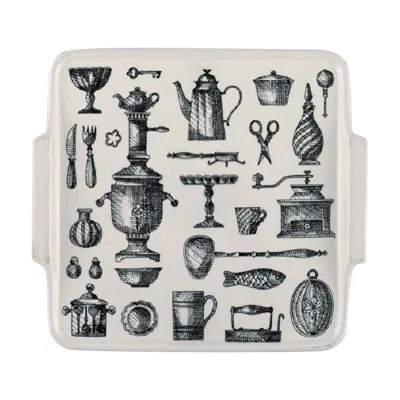 Pre-owned Arabia Porcelain Tray Decorated With Kitchen Utensils, Finnish Design In Gray