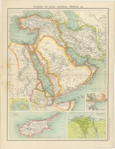 Pre-owned Arabia Turkey In Asia,  & Persia Map With Cyprus And Egypt Insets C.1902 In Sand